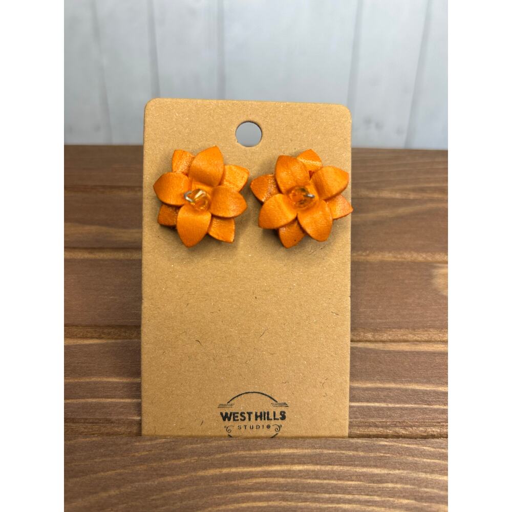 Genuine Leather Flower Earrings Orange Pansy Post Earrings NEW!  FAST SHIP
